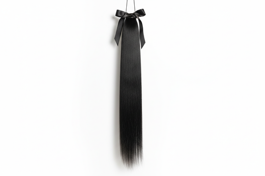 1 straight bundle 30 inches jet black on white background in vertical position make hair sleek