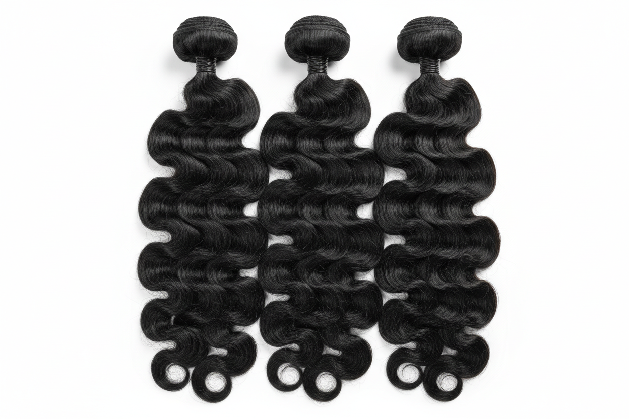 3 bundles of deep wave hair on white background jet black in vertical position 