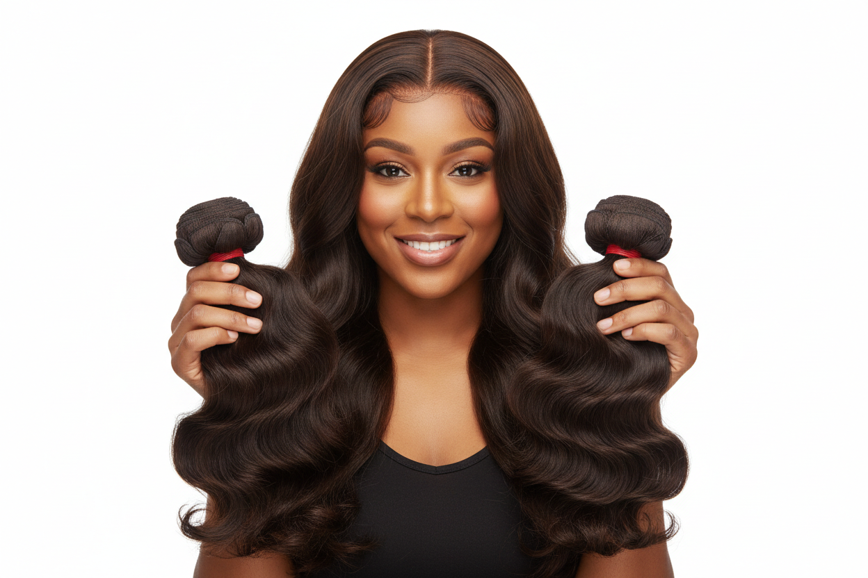 Brown skin woman wearing body Wave lace front wig and holding 2 bundles of body wave hair extensions in the hand on white background 