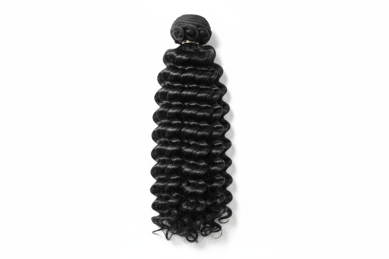 Burmese curl bundle in jet black on white background in vertical position 